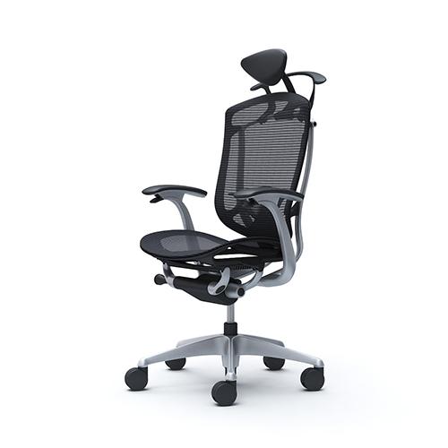 コンテッサ セコンダ オカムラ 固定肘 座メッシュ ランバーサポート付き ハンガー付き 小型ヘッドレスト シルバーフレーム ブラックボディ 椅子 CC4BYS CC4BGSの画像