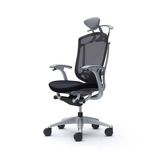 コンテッサ セコンダ オカムラ 固定肘 座クッション ランバーサポート付き ハンガー付き 小型ヘッドレスト シルバーフレーム グレーボディ 椅子 CC4DYE CC4DGEの画像