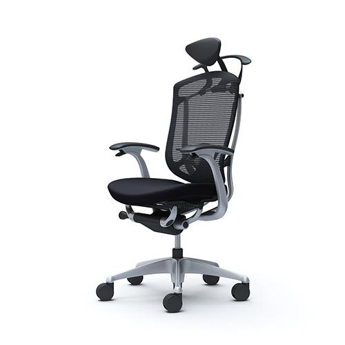コンテッサ セコンダ オカムラ 固定肘 座クッション ランバーサポート付き ハンガー付き 小型ヘッドレスト シルバーフレーム ブラックボディ 椅子 CC4DYS CC4DGSの画像