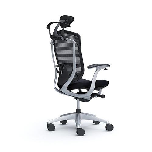 コンテッサ セコンダ オカムラ 固定肘 座クッション ランバーサポート付き ハンガー付き 小型ヘッドレスト シルバーフレーム ブラックボディ 椅子 CC4DYS CC4DGSの画像