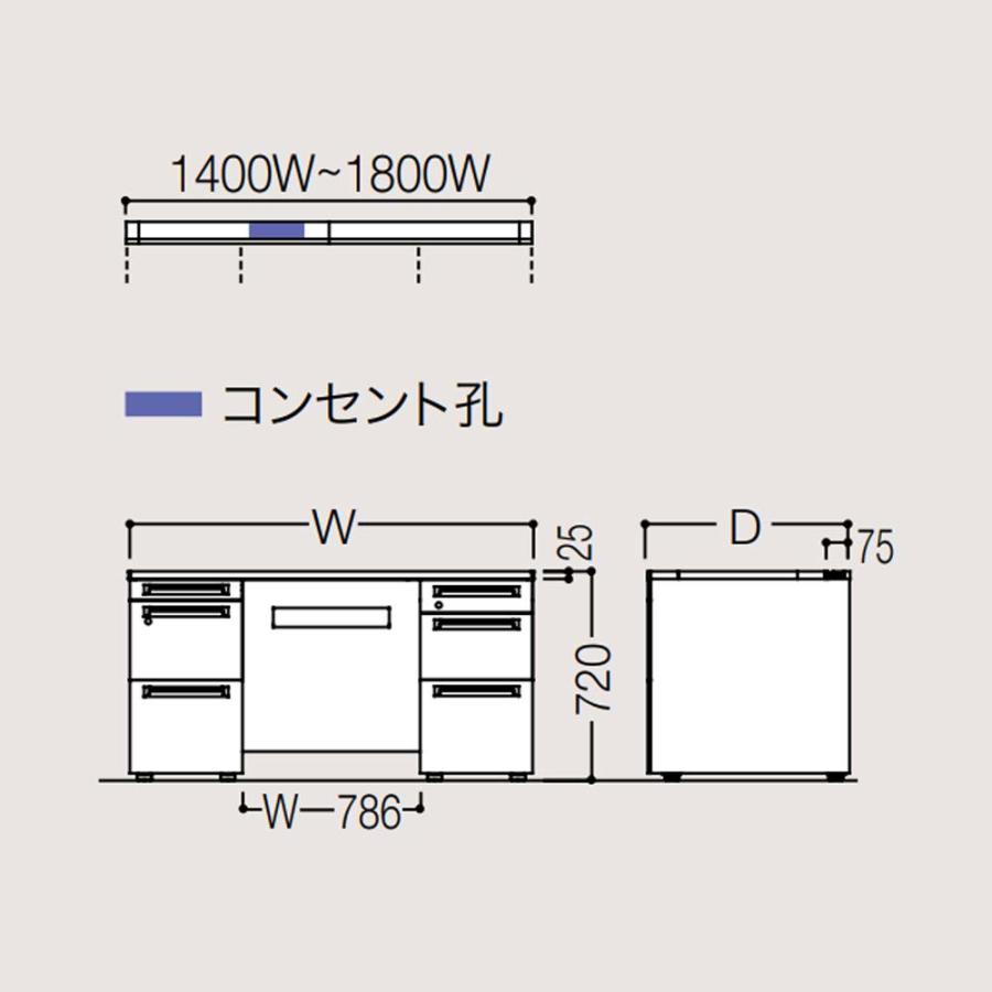 設置無料 オカムラ アドバンス 両袖机 3段A4B4兼用 幅1400×奥行600mm コンセント対応タイプ 中央引出し無 オフィスデスク 作業デスク 完成品 国産 3V01NH_3