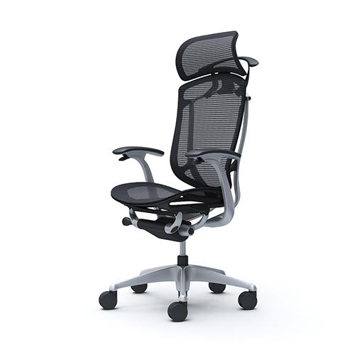 コンテッサ セコンダ オカムラ 固定肘 座メッシュ ハンガー付き 大型ヘッドレスト シルバーフレーム ブラックボディ オフィスチェア 完成品 椅子 CC46YR CC46GRの画像