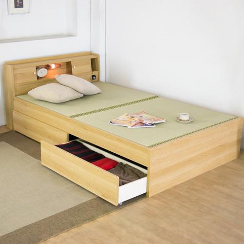 木製シングル畳ベッド 引き出し付き 友澤木工 畳ベッド シングル 収納付 照明付 ベッド 木製ベッド