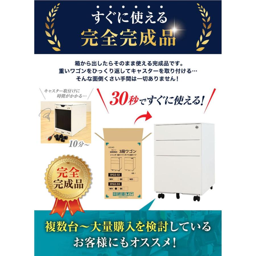 デスクワゴン 3段 シリンダー錠 サイドワゴン 袖机 脇机 キャビネット サイドデスク オフィス 収納 引き出し スチール ワゴン キャスター付 A4 完成品 EFG2-S3の画像