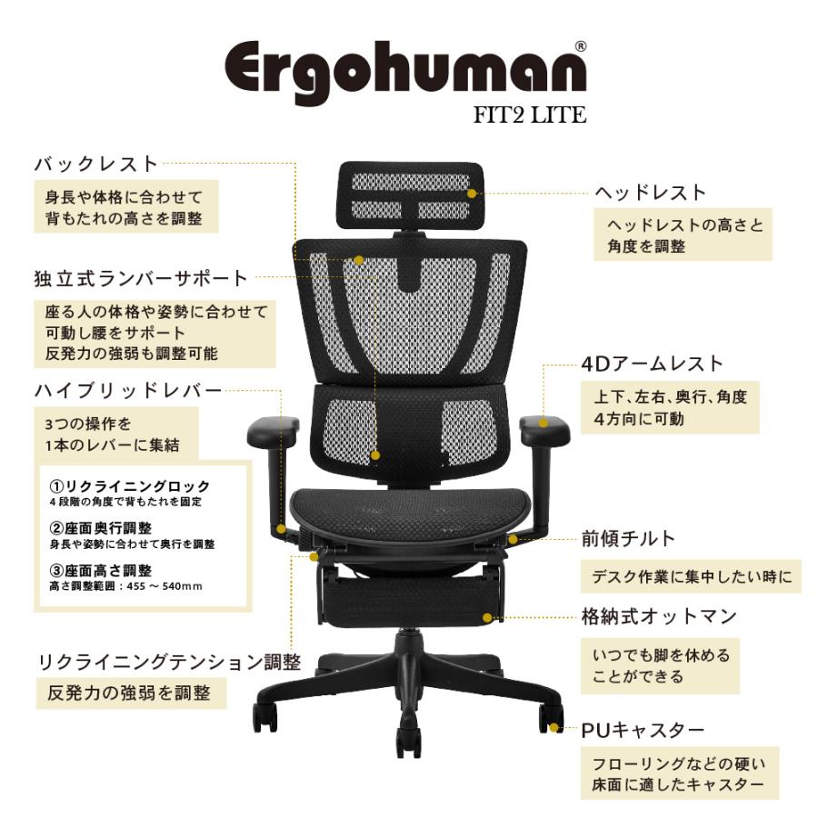 エルゴヒューマン フィット2 ライト Ergohuman FIT2 Lite 正規品 最長5年保証 ジャケットハンガー付 高機能チェア PCチェア ヘッドレスト 腰痛対策 FIT2-Lite | 関家具 | 06