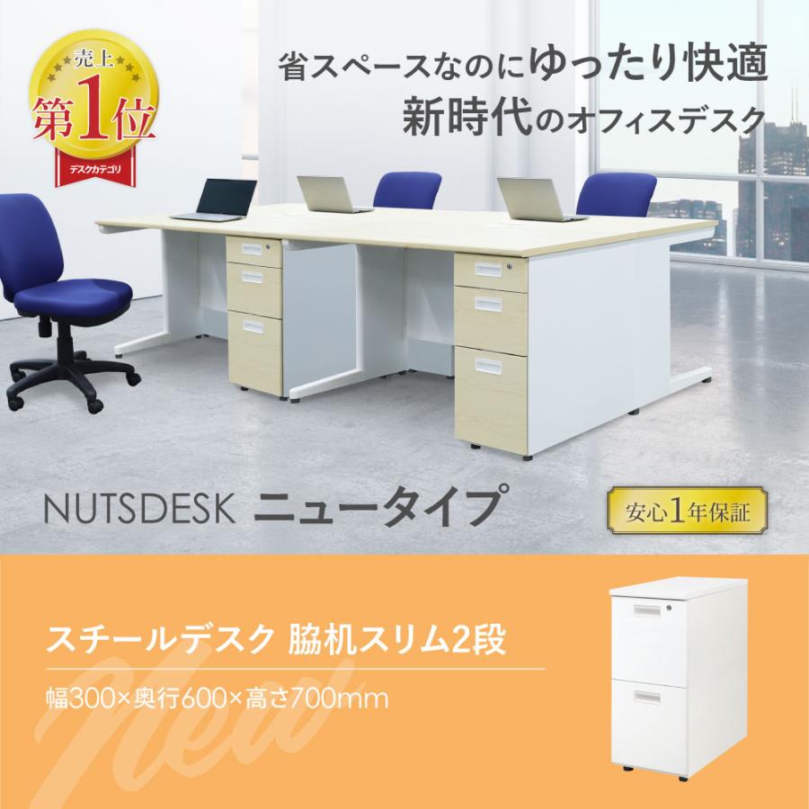 脇机 2段 本体ホワイト 無地 スリム 幅300×奥行600mm 袖机 デスクワゴン 幅30cm サイドワゴン サイドキャビネット サイドデスク 鍵付き おしゃれ A4 LD-WD2Sの画像