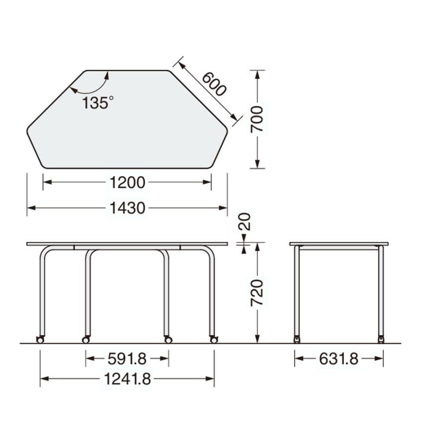 法人限定 ミネラ テーブル 六角形 ライオン事務器 幅1430×奥行700×高さ720mm ナイロンキャスター スチール脚 ワークテーブル 作業テーブル 会社 MNR-HE147_3