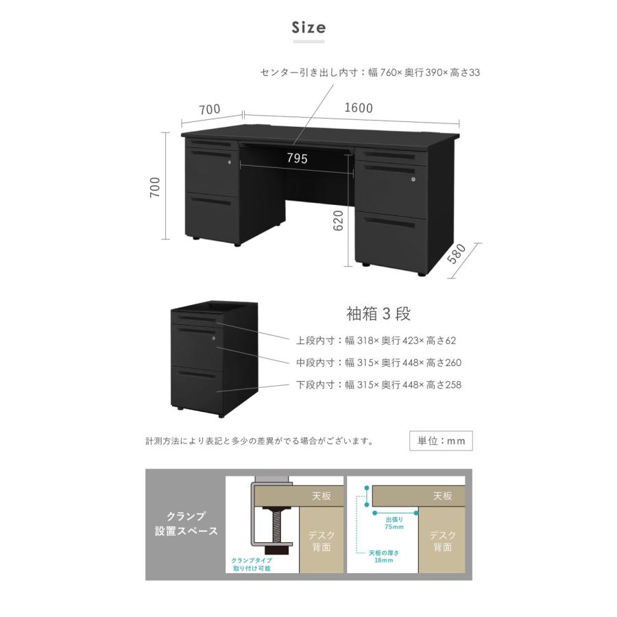 倉庫受取限定  オフィスデスク 両袖机 幅1600×奥行700mm 机 スチールデスク 事務机 事務用デスク 幅160cm ワークデスク 学習机 デスク ブラック LRD-167B-SOの画像