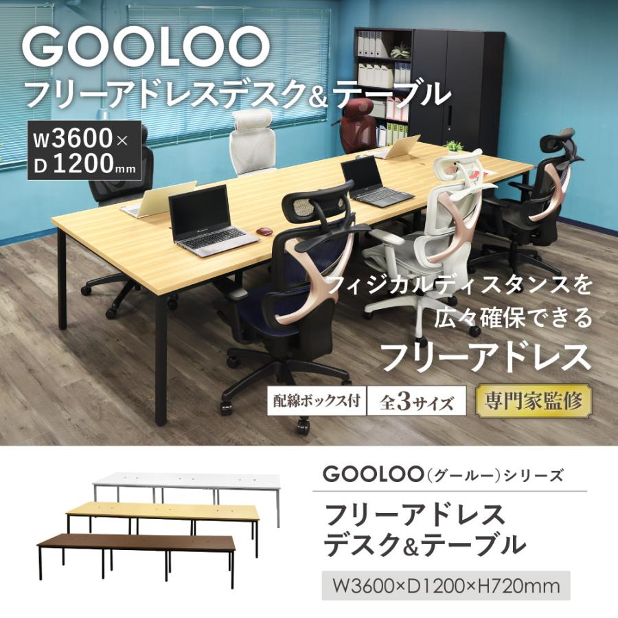 法人限定  フリーアドレスデスク ミーティングテーブル 配線ボックス付き 幅3600mm ワークテーブル オフィスデスク 会議室 作業台 おしゃれ 大型 GFA-3612_3