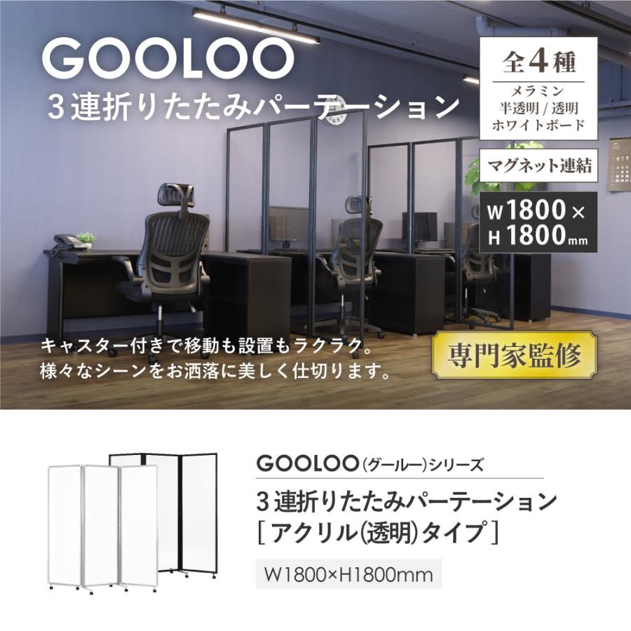 法人限定 アクリルパーテーション 折りたたみ 3連 透明 アクリルパネル 幅1800×高さ1800mm パーティション クリア アクリル板 キャスター付き GL3-1818A_2