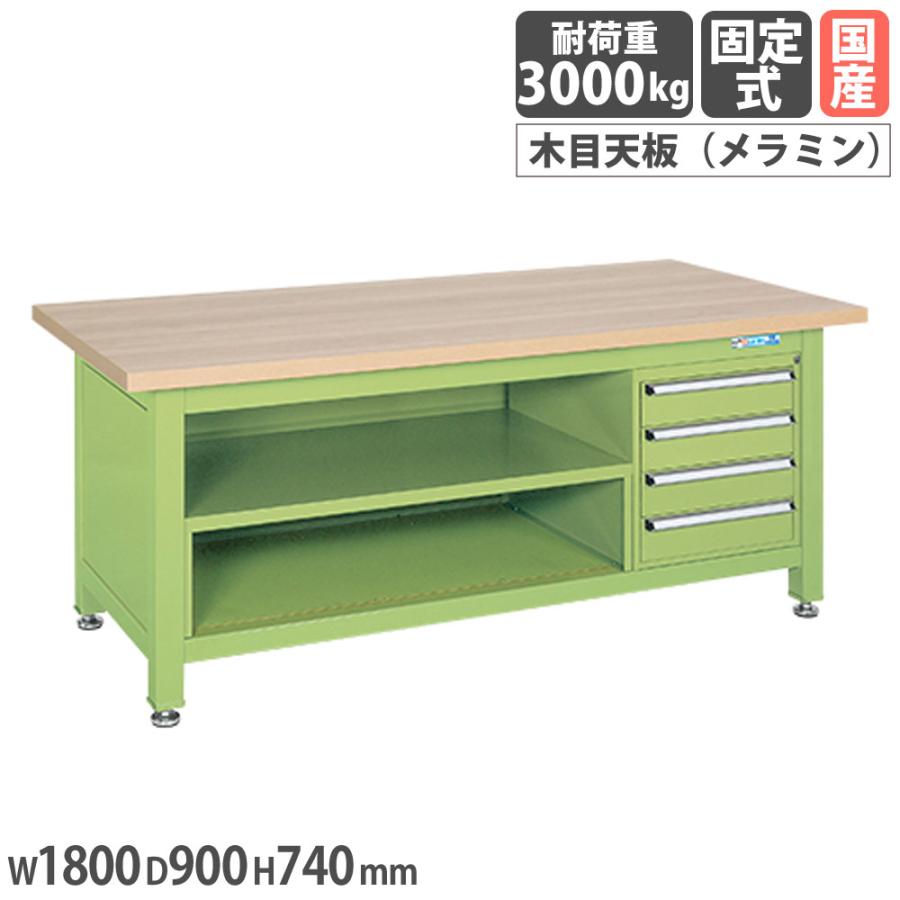 超重量作業台 サカエ Wタイプ 4段キャビネット付 中棚付 メラミン木目