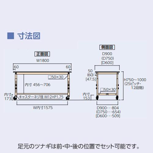 法人送料無料  作業台 山金工業 ヤマテック キャスター付 幅1800×奥行900×高さ750〜1000mm スチール天板 ワークテーブル 机 工場 作業場 日本製 SWSAC-1890の画像