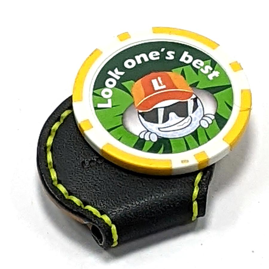オリジナル ゴルフ カジノマーカー クリップ セット ネオンカラー ブラック マグネット式 マーカー台座  レザー 本革 手縫い 強力マグネット使用 | ブランド登録なし | 01