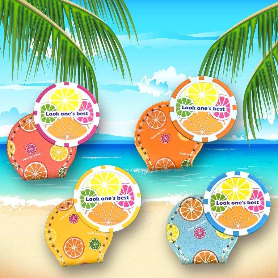 オリジナル フルーツ オレンジ柄 ゴルフ カジノマーカー クリップーセット マグネット式 マーカー台座  レザー 本革 手縫い おしゃれ 強力マグネット使用 | ブランド登録なし