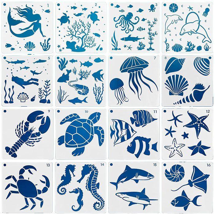 ステンシルシート 16枚セット 描画テンプレート プレート 海洋動物 子供 手帳用 製図用 絵画テンプレート 描画ツール 絵描き道具