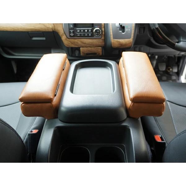 200系 ハイエース アームレスト S-GL用 コンソール付き 開閉式 ヴィンテージ ブラウン レザー 小物入れ 収納 左右セット 2個 センター | ハイエース | 08