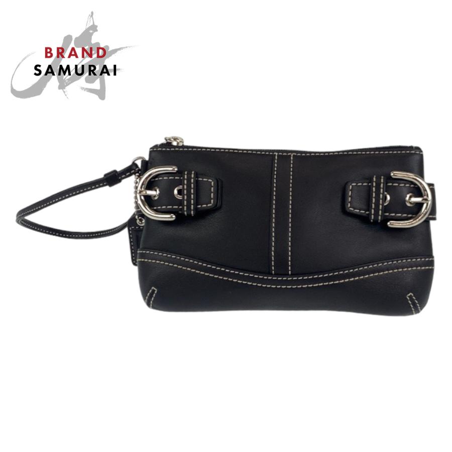 美品 COACH コーチ ブラック シルバー金具 レザー アクセサリーポーチ リストレット レディース 307068 | COACH