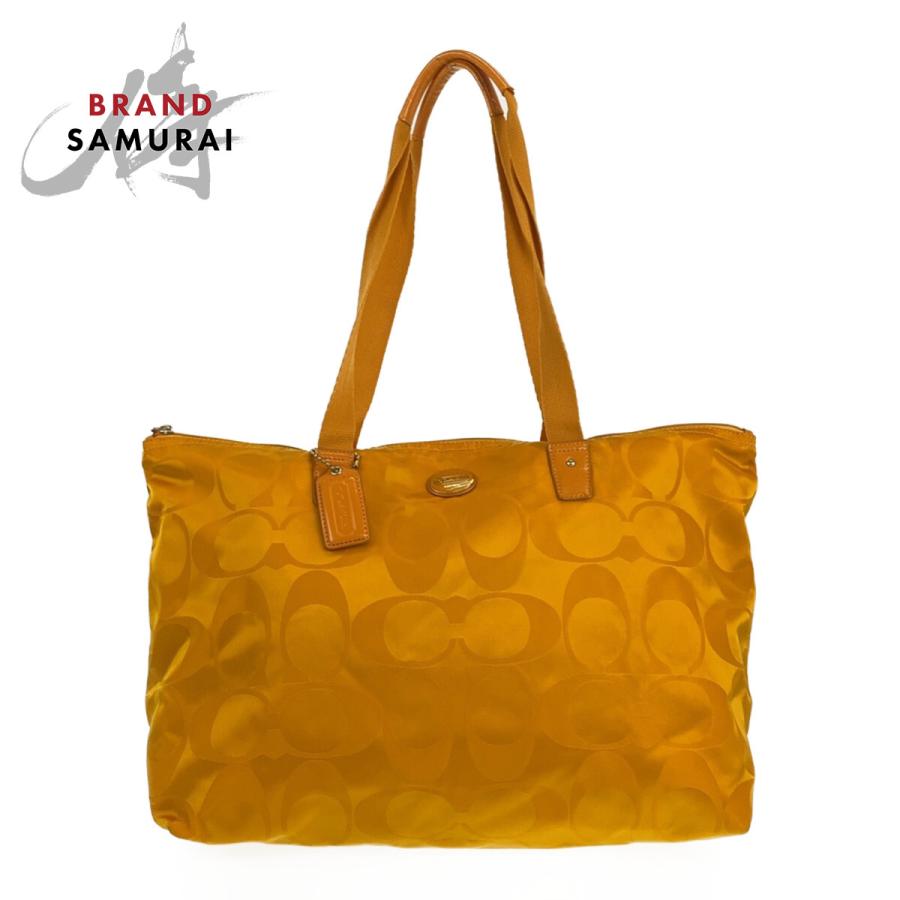 COACH コーチ シグネチャー イエロー ゴールド金具 ナイロン/レザー トートバッグ ショルダーバッグ レディース 401846 | COACH