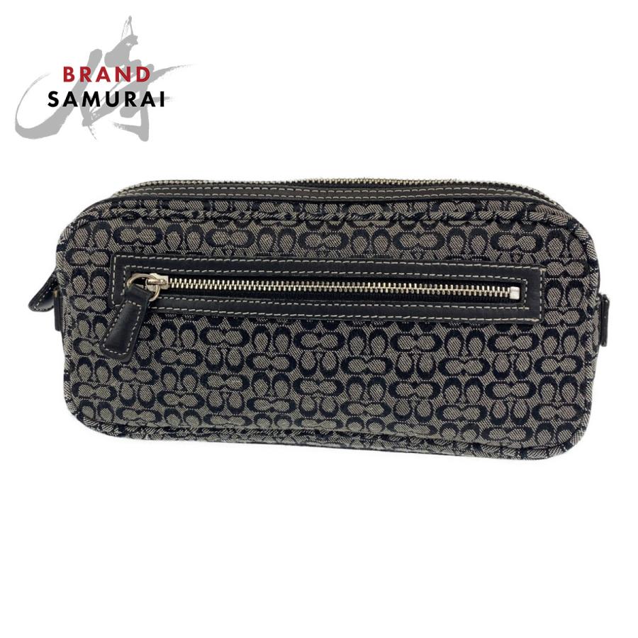 美品 COACH コーチ シグネチャー ブラック シルバー金具 キャンバス/レザー ポーチ 化粧品入れ 小物入れ レディース 402469 | COACH