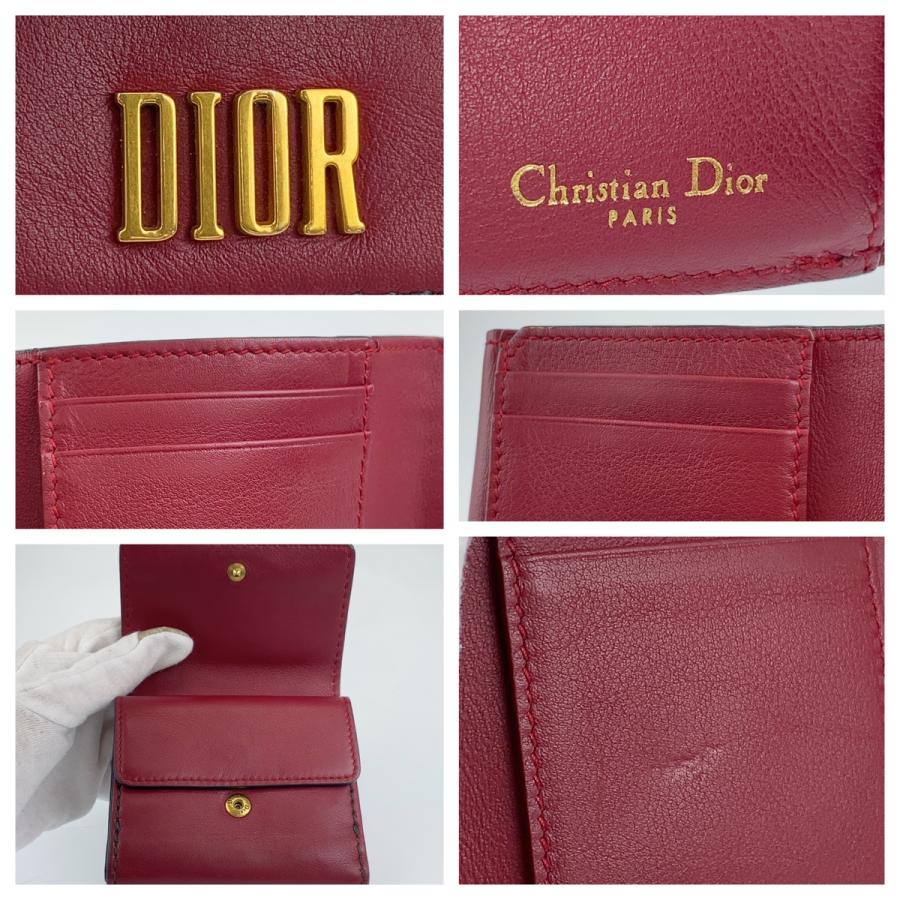 クリスチャン ディオール 三つ折り財布 レザーワインレッド
