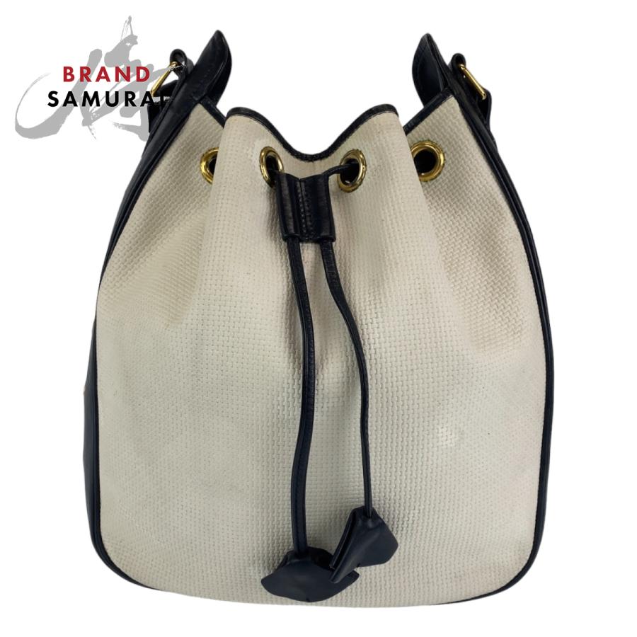 YVES SAINT LAURENT イヴ サンローラン ヴィンテージ YSL ホワイト ネイビー PVC/レザー 巾着 斜め掛け ショルダーバッグ 404126 | Yves Saint Laurent