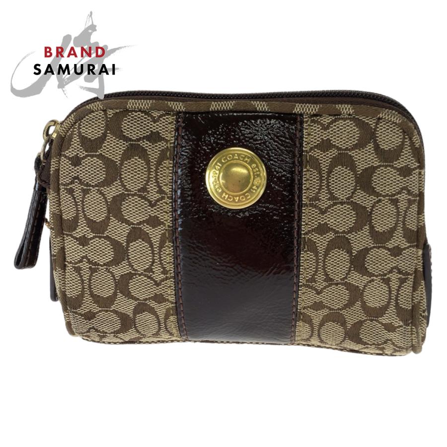 美品 COACH コーチ ミニシグネチャー ブラウン 茶 キャンバス/エナメル ポーチ 化粧ポーチ 小物入れ レディース 404504 | COACH