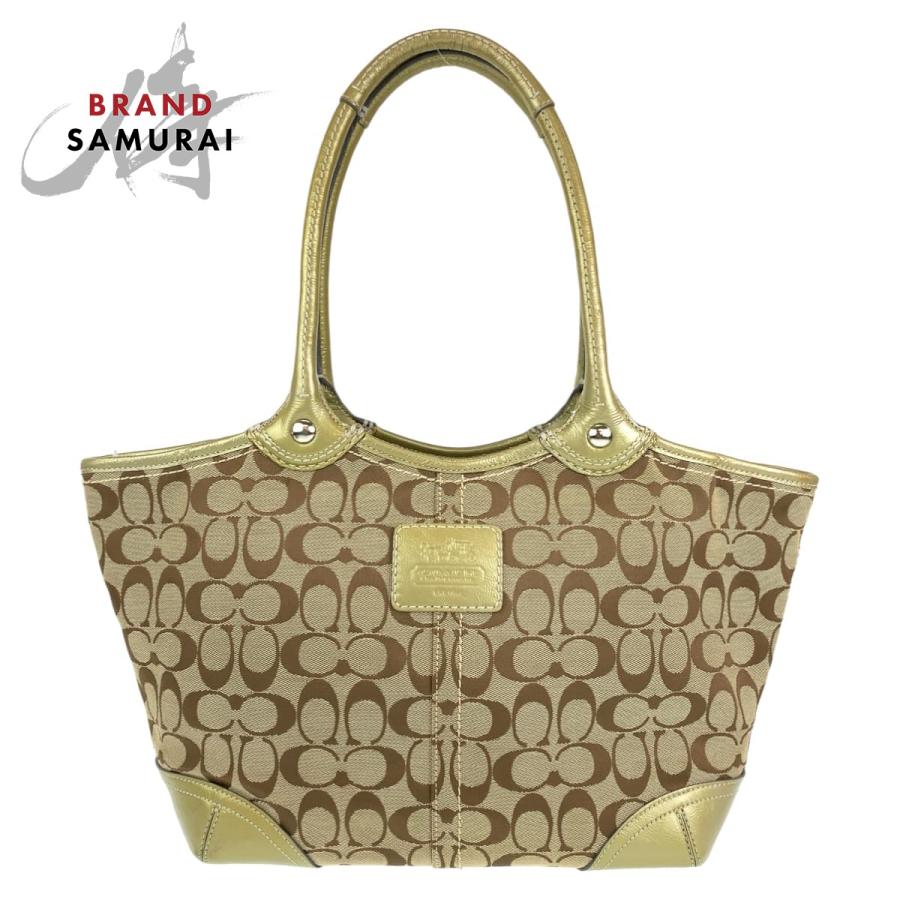 COACH（コーチ） 美品 シグネチャー ベージュ ゴールド キャンバス 