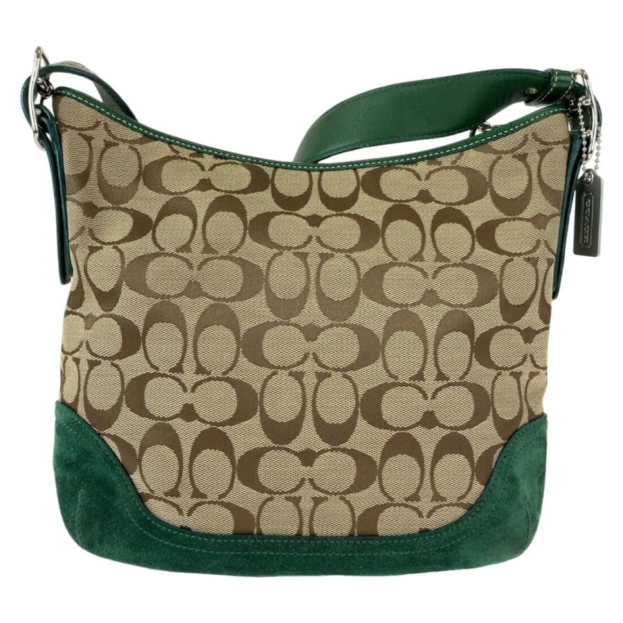 COACH コーチ シグネチャー グリーン 緑 ベージュ キャンバス スウェード 6877 ショルダーバッグ 斜め掛け レディース 404836 【中古】 COACH - COACH コーチ シグネチャー グリーン 緑 ベージュ キャンバス
