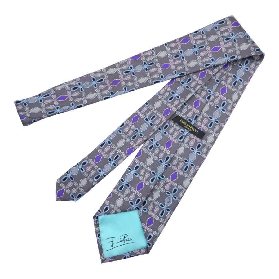 美品 Emilio Pucci エミリオ プッチ 総柄 グレー パープル ライトブルー シルク ネクタイ 剣先9.5cm 404985 | EMILIO PUCCI | 02