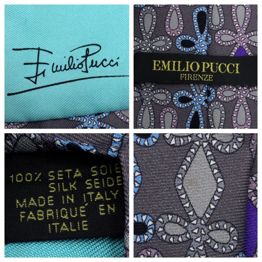 美品 Emilio Pucci エミリオ プッチ 総柄 グレー パープル ライトブルー シルク ネクタイ 剣先9.5cm 404985 | EMILIO PUCCI | 04