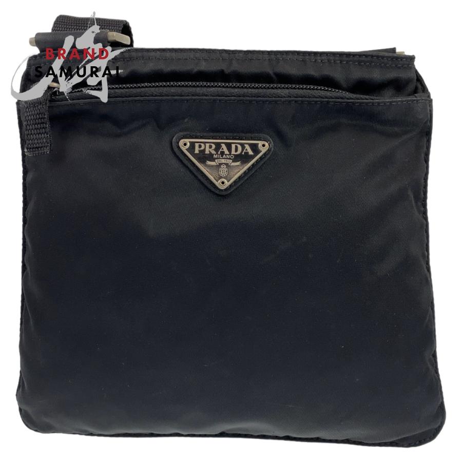 PRADA プラダ テスートナイロン ショルダーバッグ クロスボディー 斜めがけ ポシェット サコッシュ シルバー金具 トライアングル 三角ロゴプレート ブラック 黒 レディース メンズ ユニセックス PRADA（プラダ） 美品 テスート 三角ロゴプレート ブラック シルバー
