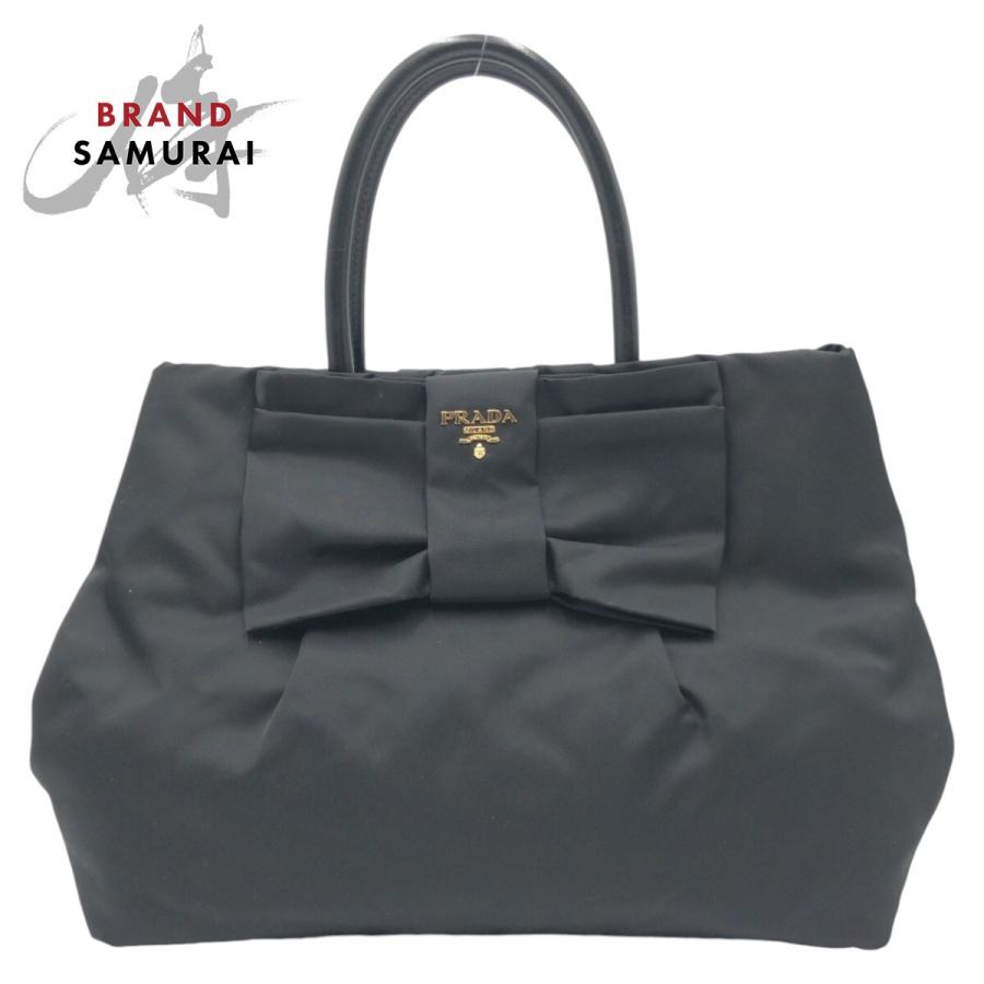 プラダ ハンドバッグ リボン ゴールド金具 ロゴ テスートナイロン ブラック PRADA 美品 プラダ テスート 三角ロゴ リボン ブラック 黒