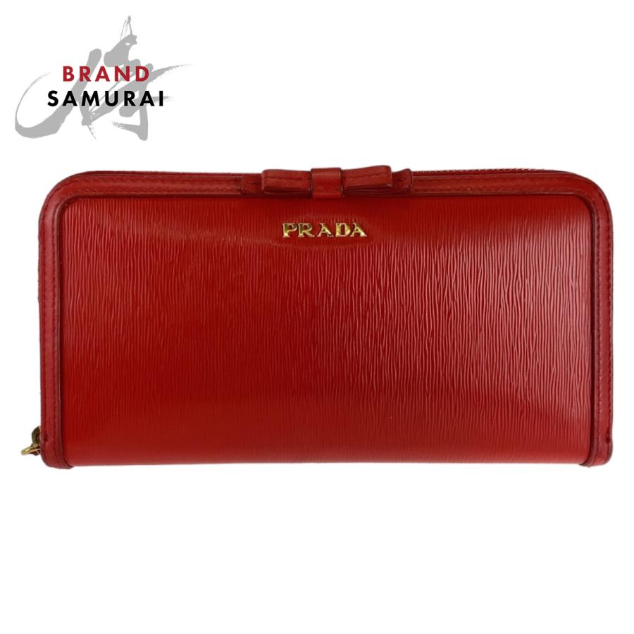 PRADA（プラダ） 美品 リボン レッド ゴールド金具 レザー 長財布