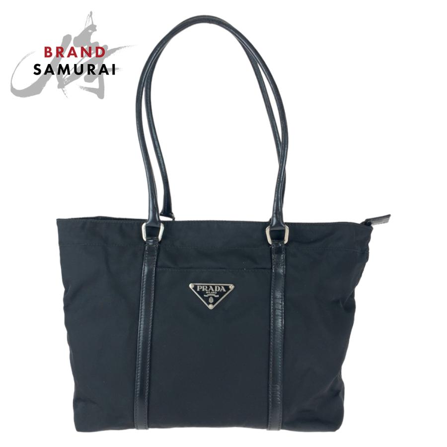 美品 PRADA プラダ テスート 三角ロゴプレート ブラック シルバー金具  
