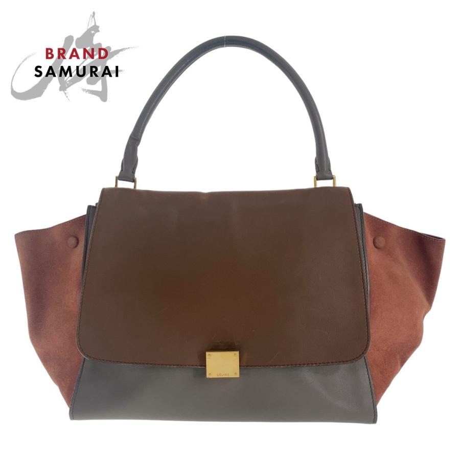CELINE セリーヌ トラペーズ ブラウン グレー ゴールド金具 レザー 