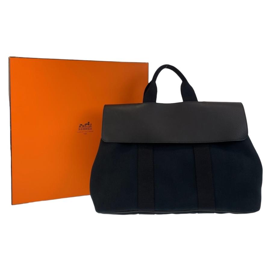 エルメス　ヴァルパライソMM ブラックキャンバストートバッグ フラップ付き HERMES（エルメス） 美品 ヴァルパライソ MM ブラック 黒 レザー
