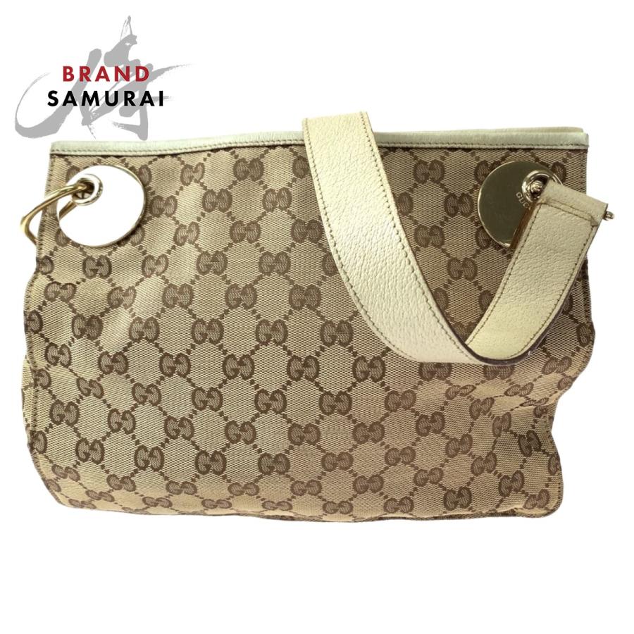 グッチ GGキャンバス ホワイト ブラウン ショルダーバッグ 120841 GUCCI（グッチ） 美品 ブラウン ベージュ ゴールド金具 GGキャンバス