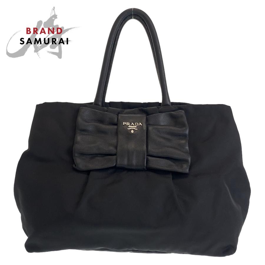 PRADA 美品 プラダ テスート リボン ブラック 黒 シルバー金具 