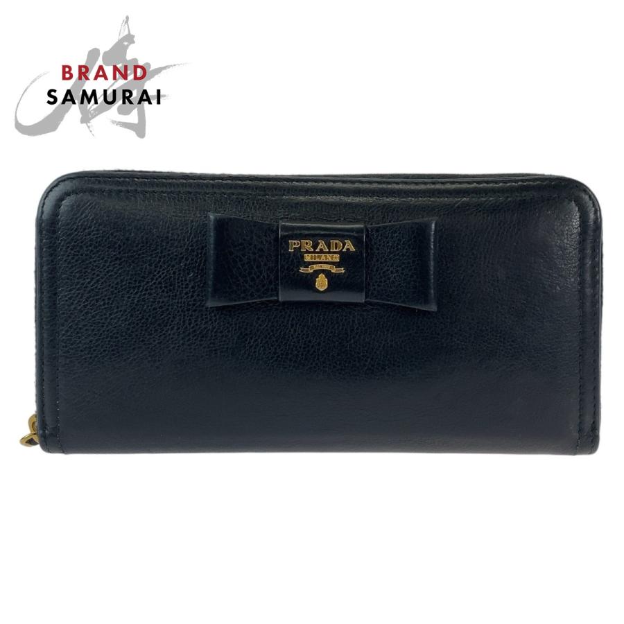 美品 PRADA プラダ リボン ブラック 黒 ゴールド金具 ナイロン