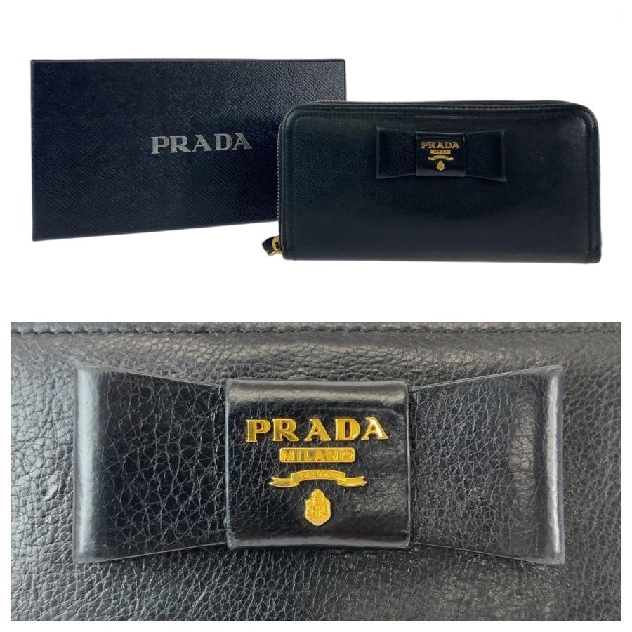 PRADA（プラダ） 美品 リボン ブラック 黒 ゴールド金具 レザー 長財布 