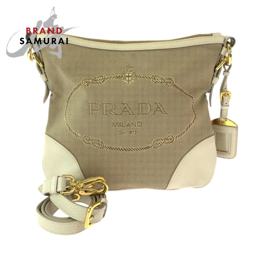 PRADA】ショルダーバッグロゴ金具レザーベージュ
