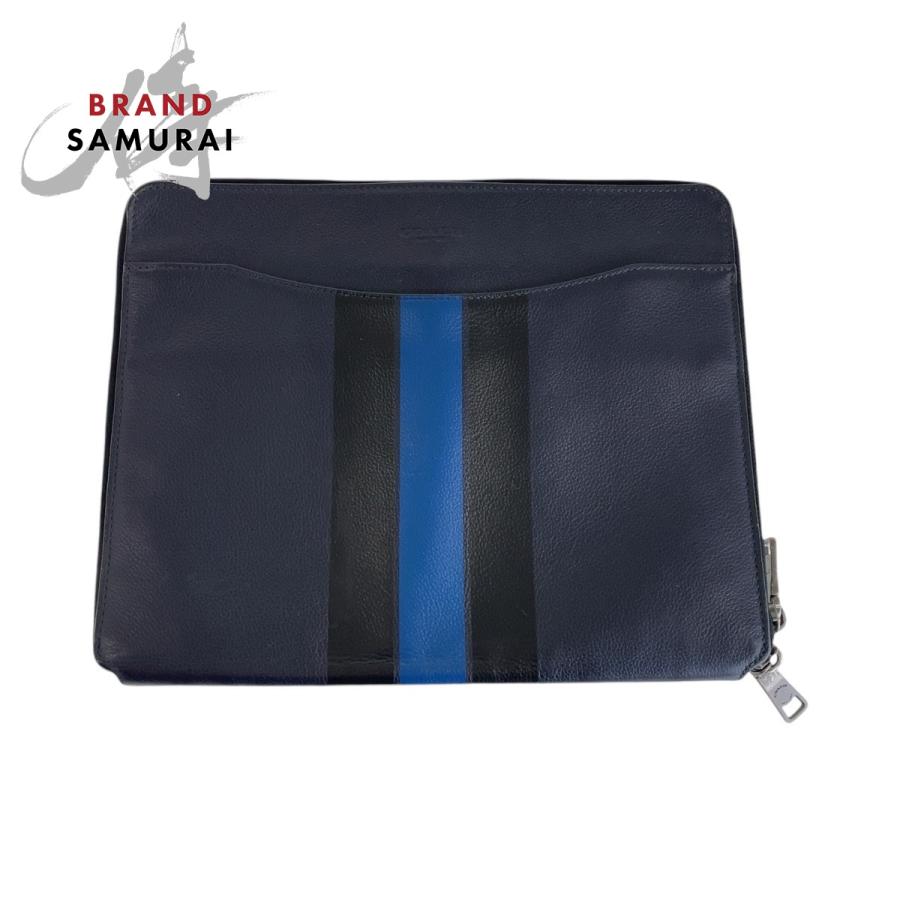 COACH レザー ビジネスバッグ 紺 COACH（コーチ） ネイビー シルバー金具 レザー クラッチバッグ メンズ