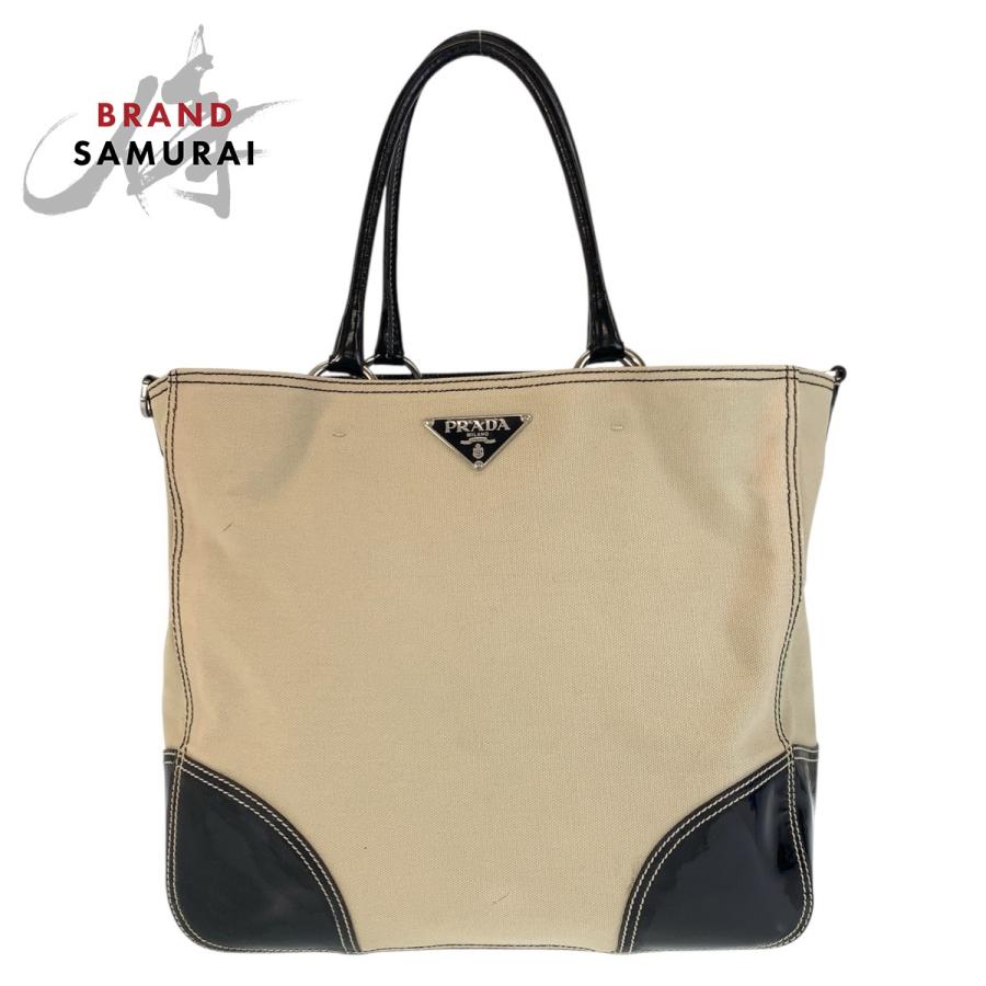 PRADA プラダ 三角ロゴプレート ベージュ ブラック 黒 シルバー金具 キャンバス トートバッグ ショルダーバッグ レディース 410268 | PRADA
