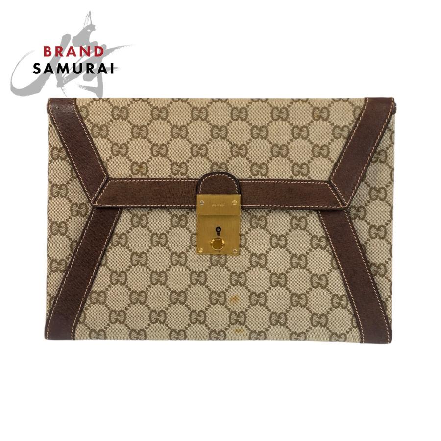 GUCCI GGキャンバス ポーチ クラッチバッグ ブラウン ロゴ金具 GUCCI（グッチ） ブラウン ゴールド金具 GGキャンバス/レザー クラッチ