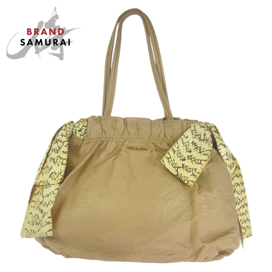 PRADA プラダ リボン ピンクベージュ ゴールド金具 レザー/パイソン 