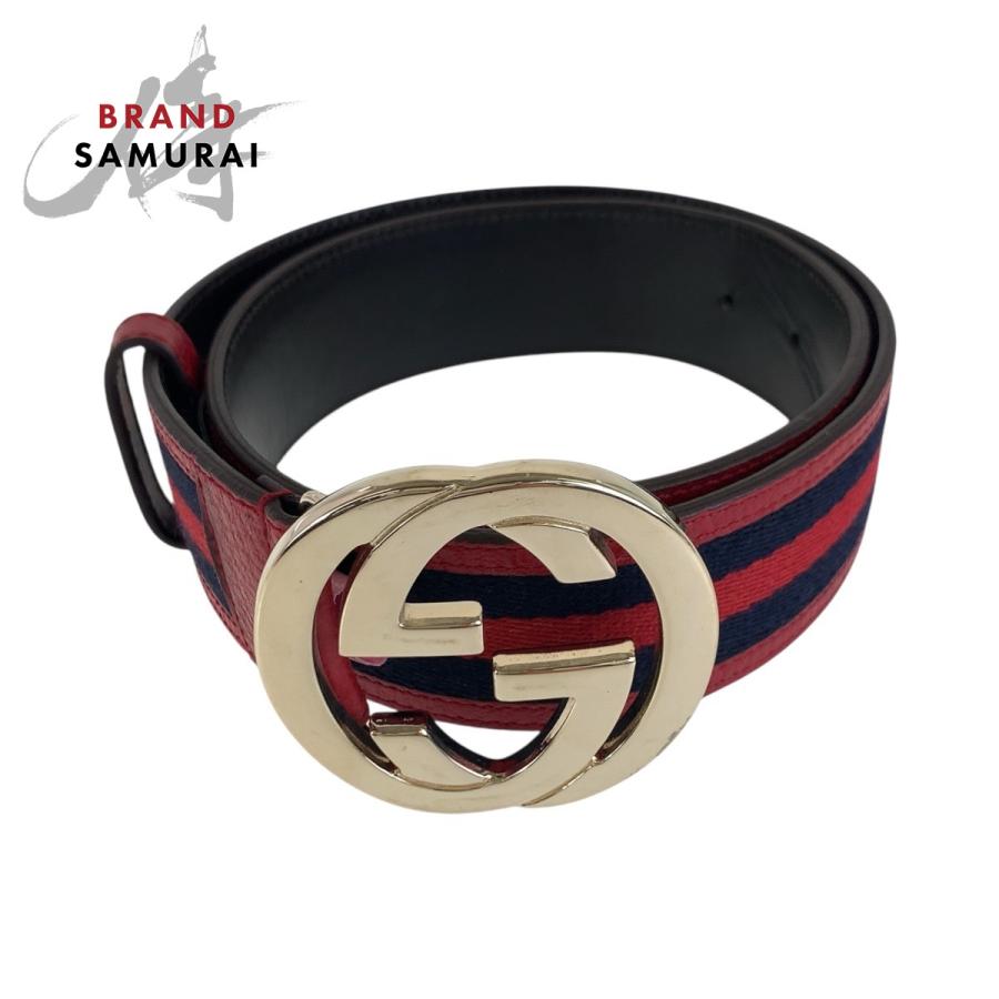 美品 GUCCI グッチ シェリーライン インターロッキング 75cm/30インチ レッド ネイビー ゴールド キャンバス/レザー 114876 ベルト 411069 | GUCCI