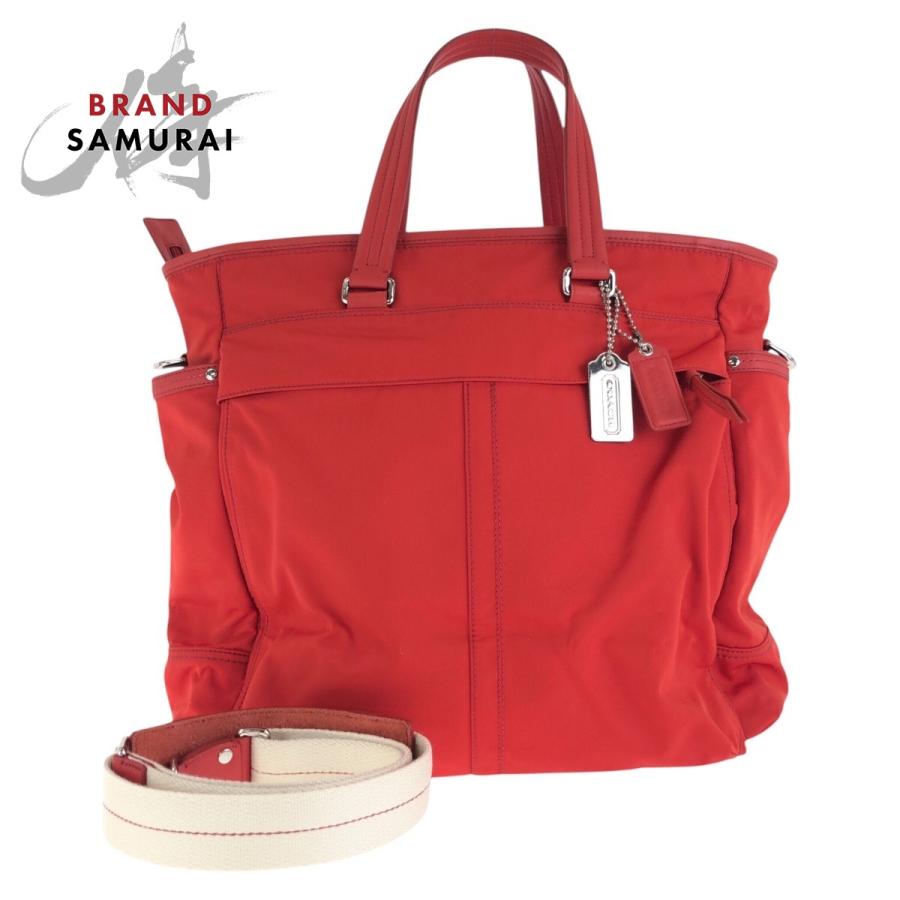 COACH（コーチ） 美品 レッド シルバー金具 ナイロン/レザー トート 