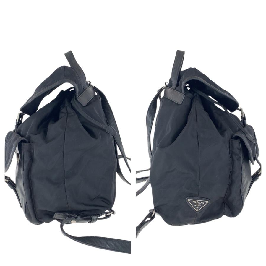【美品】プラダ　バックパック　テスートナイロン　三角ロゴ　裏地総柄　革　ブラック PRADA プラダ テスート 三角ロゴプレート ブラック 黒 シルバー