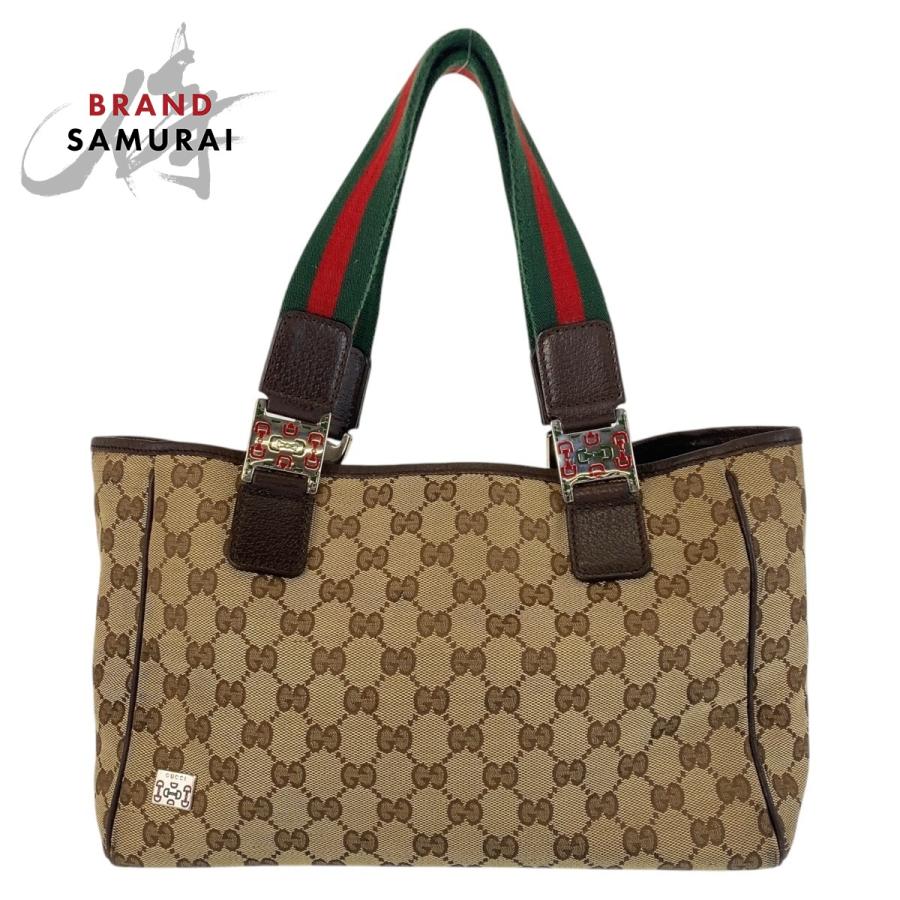 GUCCI GGキャンバス シェリーライン 縦長 トートバッグ レザー　ブラウン GUCCI GGキャンバス シェリーライン 縦長 トートバッグ レザー