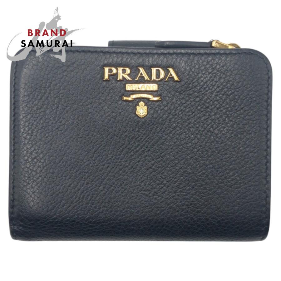 PRADA 美品 プラダ ブラック 黒 ゴールド レザー 二つ折り財布 折財布 